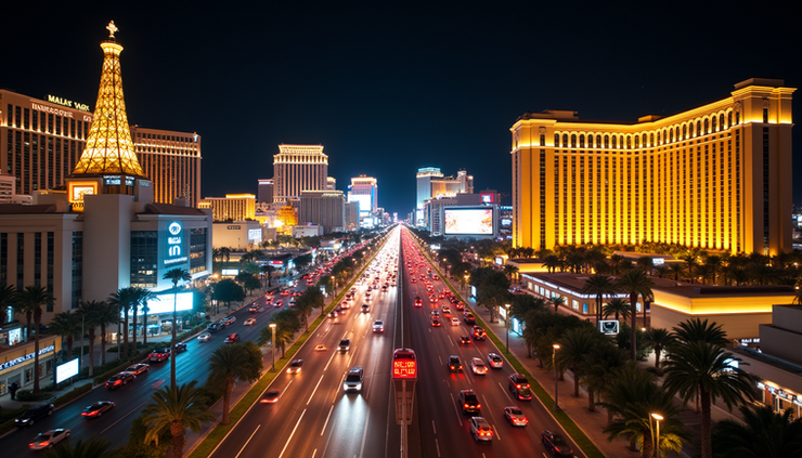 High angle view of the Las Vegas Strip at night with bright lights and bustling streets