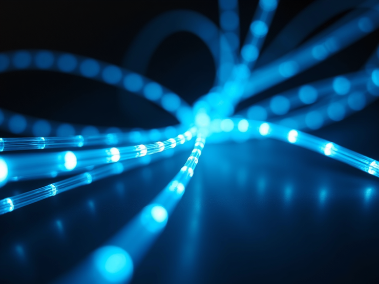 A complex web of fiber optic cables glowing with internal blue light representing high-speed connectivity.