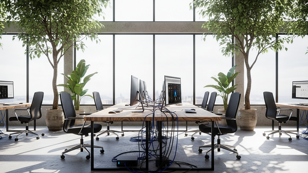 Close-up view of a business office with multiple computers connected to the internet
