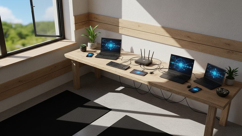 High angle view of a small business office with multiple devices connected to the internet