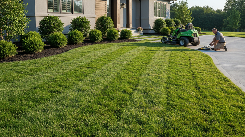 Eye-level view of a freshly mowed lawn with trimmed shrubs
