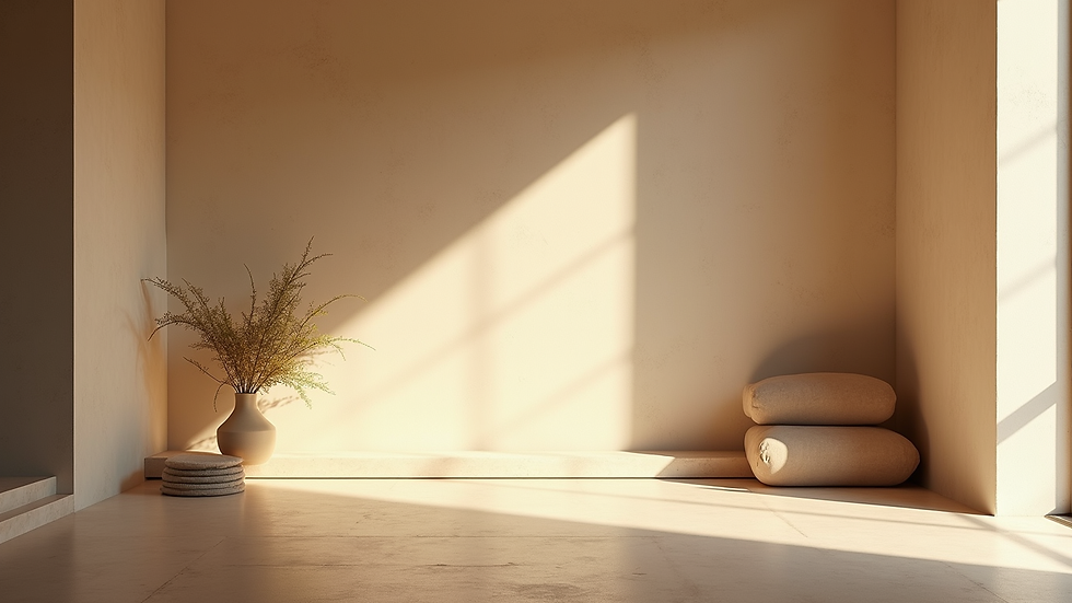 Eye-level view of a serene meditation space with natural light