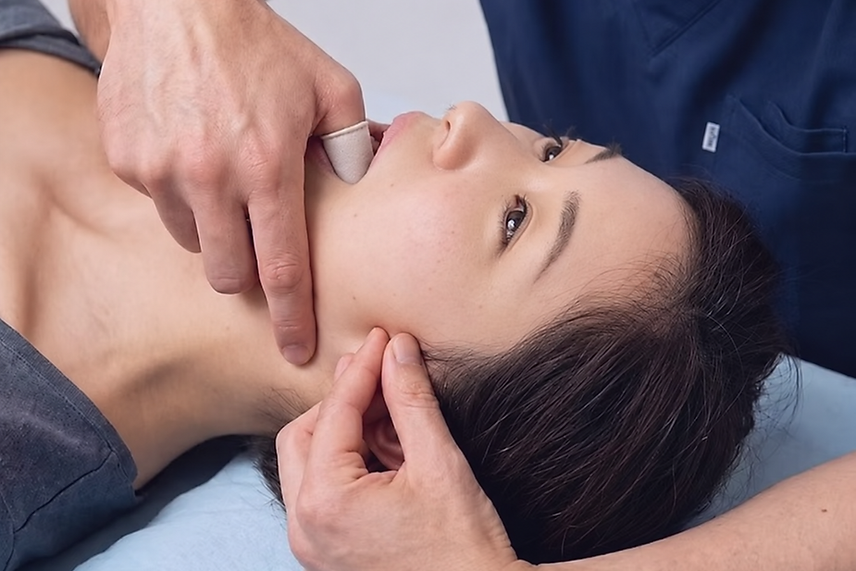 仰向けの女性の顎と耳の周囲に手を添え、顎まわりを確認する施術者