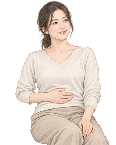 椅子に座り、腹部に片手を添える女性のイラスト