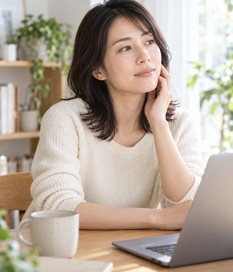 パソコン作業の合間に頬へ指を添え、顎の力みに気づく女性