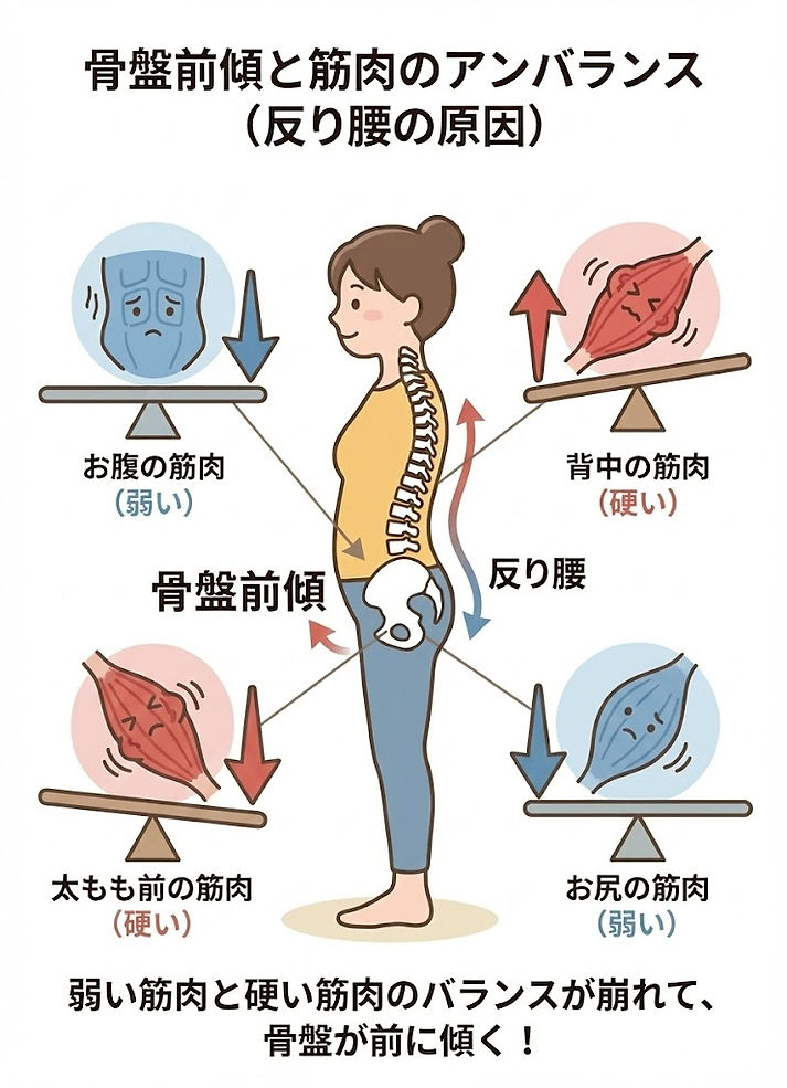 Hip-Spine：股関節伸展制限により骨盤前傾と腰椎過伸展の代償が起こる模式図
