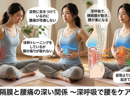 横隔膜の動きと腹腔内圧・腸管膜テンションが腰椎に影響する経路を示したイラスト