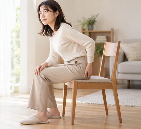 椅子に座り、お尻から太ももの違和感を確かめる女性
