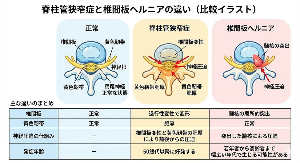 腰部脊柱管狭窄症と椎間板ヘルニアの違い(狭くなる部位と神経への影響)を示す比較図