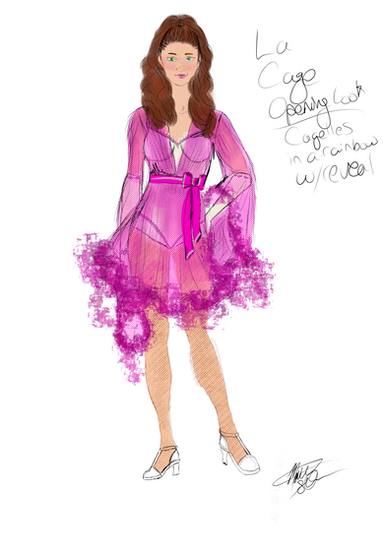 a drawing of a woman in a pink dress with the words opening coat on the bottom