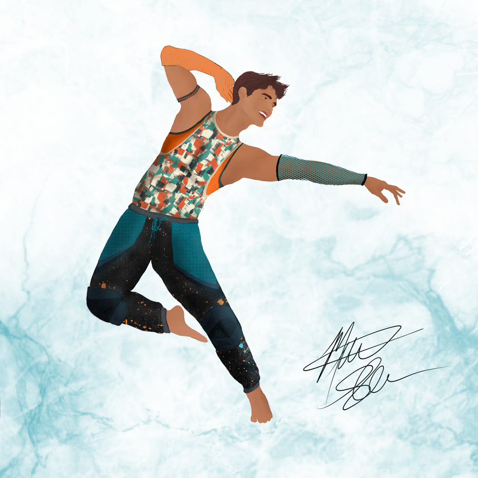 a drawing of a man jumping in the air with a signature on the bottom