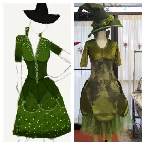 a drawing of a green dress next to a picture of a green dress