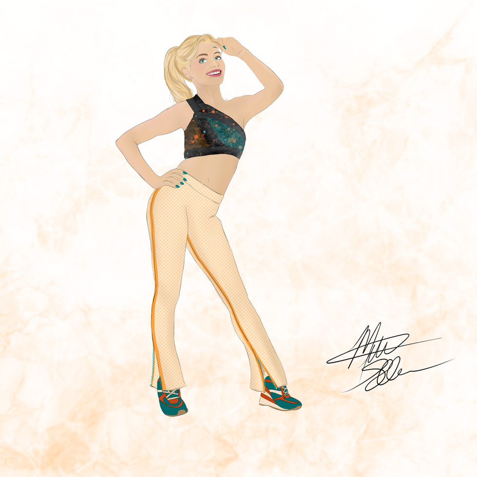 a drawing of a woman in a sports bra and pants