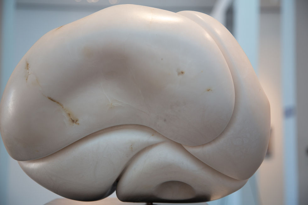 Eye-level view of an abstract alabaster sculpture with soft curves