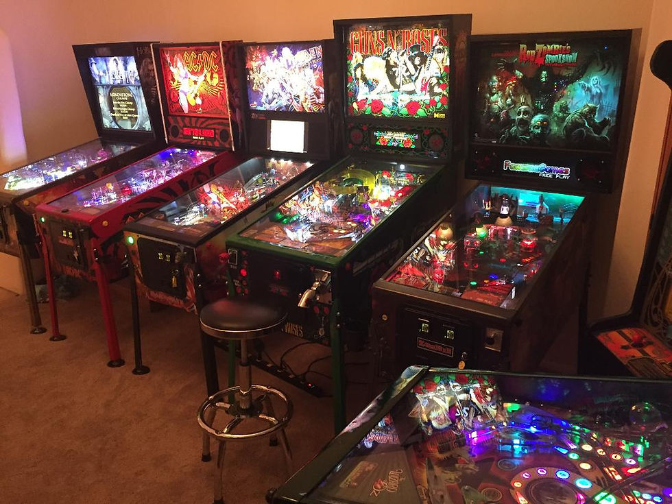 Pinball machines: Lord of the Rings, AC/DC, Iron Maiden, Guns N' Roses, Rob Zombie's Spookshow.