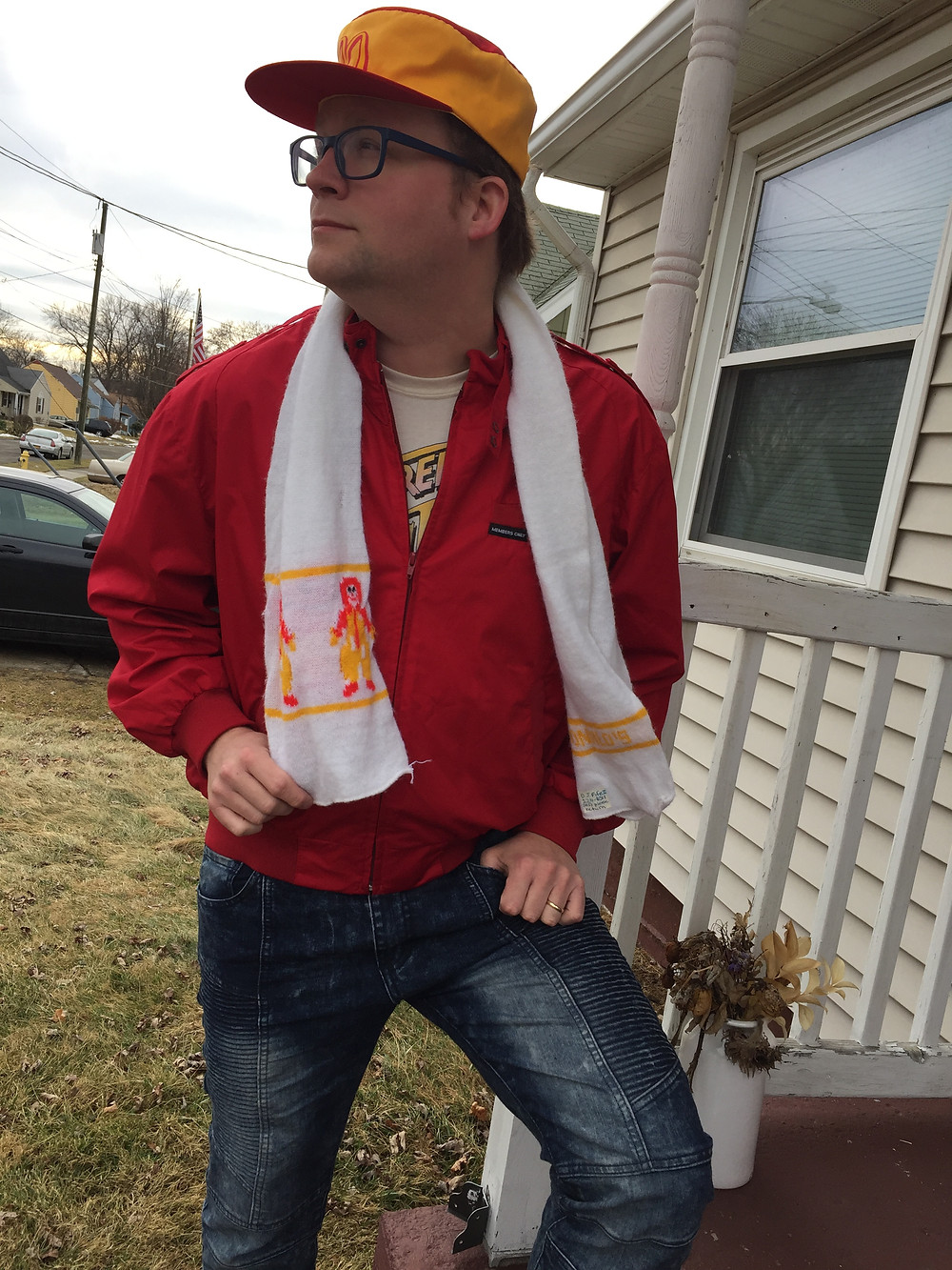 Vintage McDonald's scarf and hat. Members Only jacket.