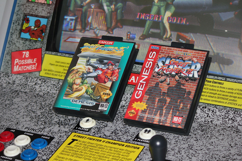 Street Fighter Sega Genesis cartridges on a Street Fighter II: Champion Edition arcade machine.