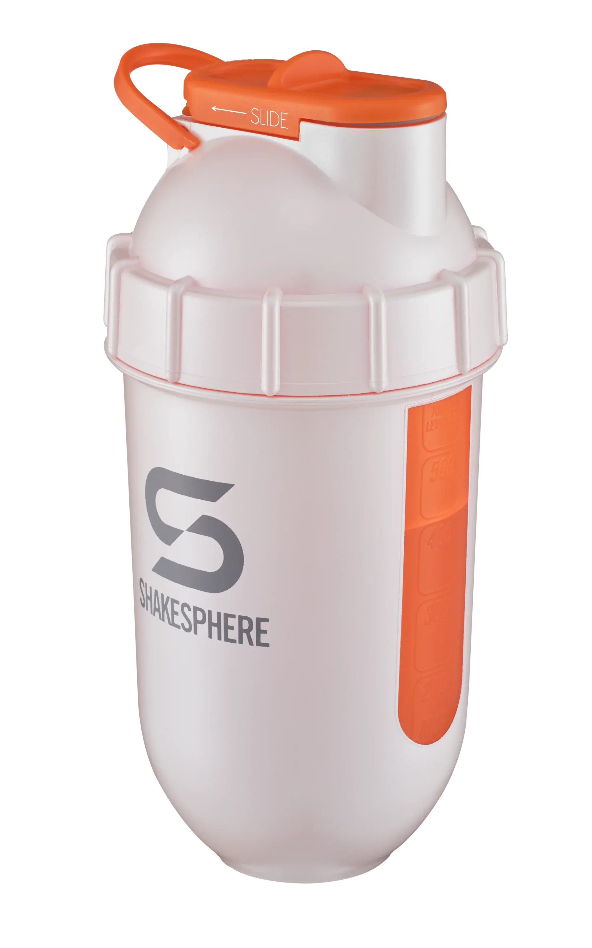 Shakesphere- Protein shaker bottle 24.6 Fl Oz "Tumbler View" Pearl White/Orange