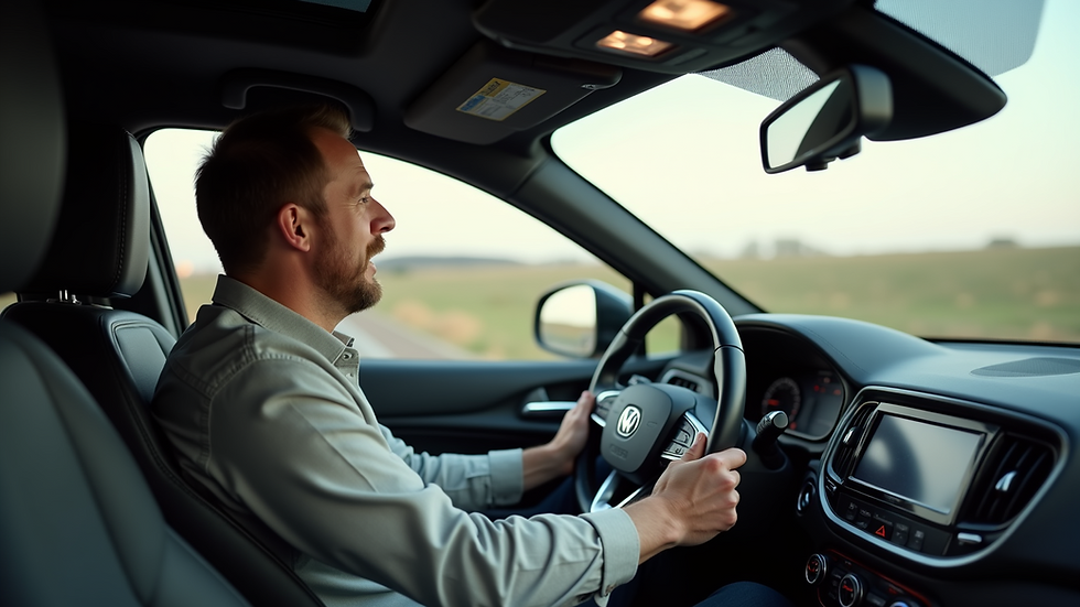 Eye-level view of a driving instructor teaching a student in a modern vehicle