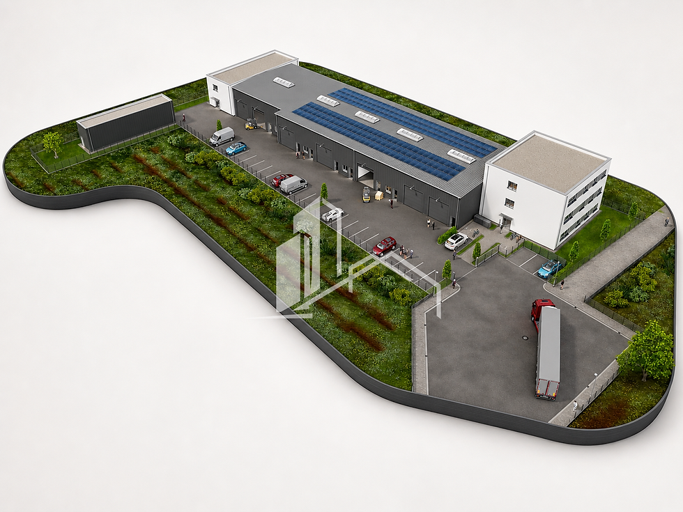 3D-Visualisierung eines Gewerbehofs mit Hallenflächen, Bürogebäude, Parkplätzen und Lkw-Zufahrt in Heddesheim – projektiert und im Bau.