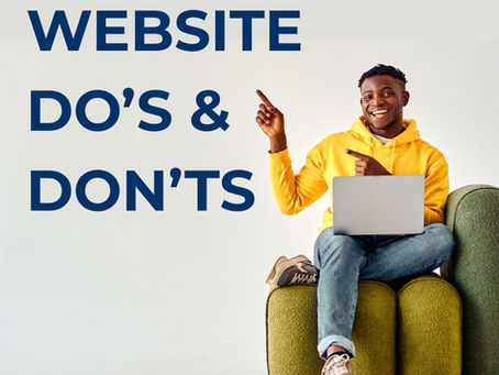 Smiling person in a yellow hoodie points beside text "WEBSITE DO'S & DON'TS." Sitting with a laptop on a green couch. Mood is positive and informative.