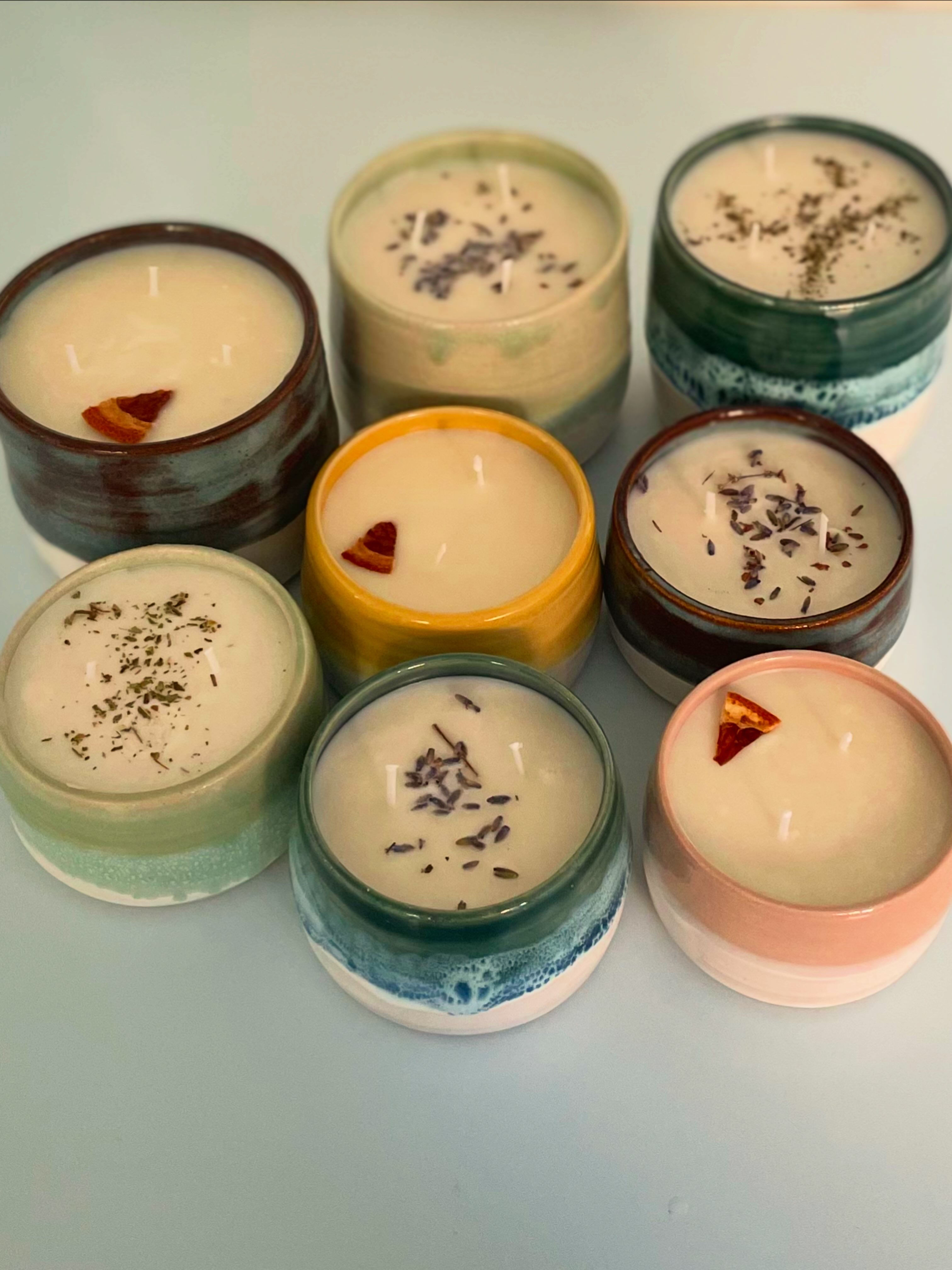 Ceramic pots filled with soy candle wax