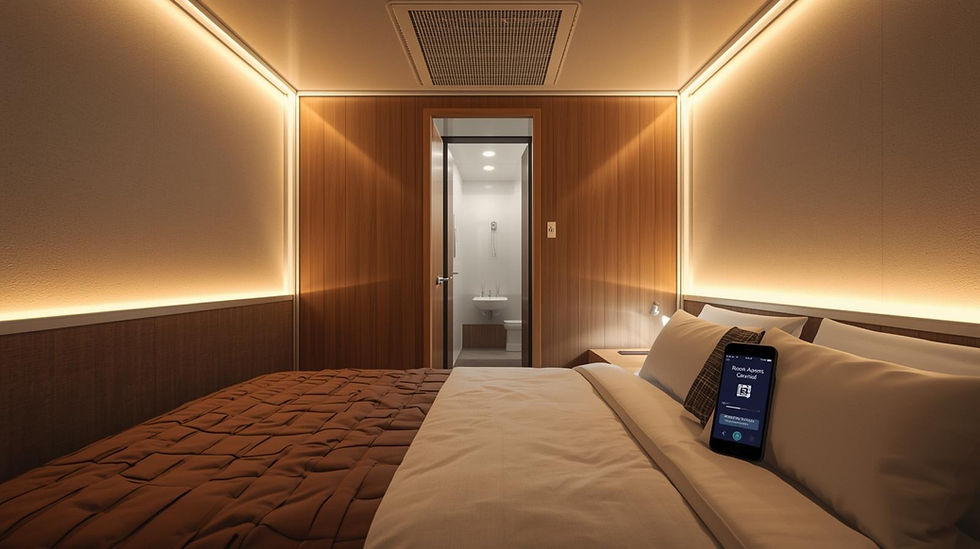 Render interior (quarto)__Interior of a BoxHotel modular room in Chile, compact rectangula