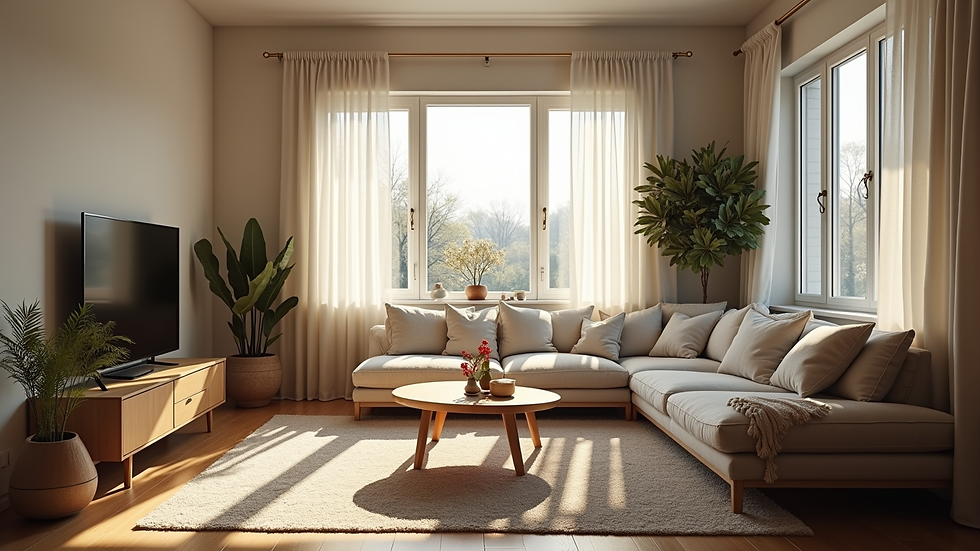 Wide angle view of a cozy living room with natural light