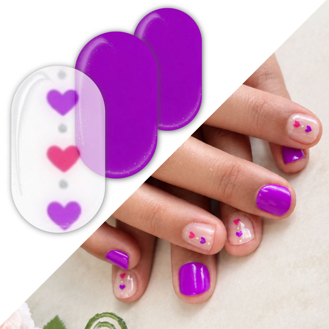 Kids purple nail polish wraps with little heart nail art accent nails in pink and purple