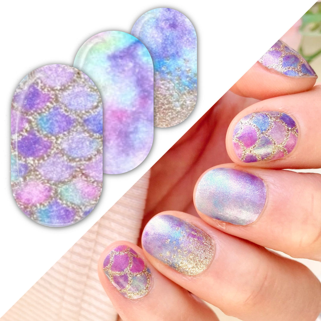 Enchanting pastel mermaid scale nail wraps with glitter gold designs and shimmery pastel marble accent nails