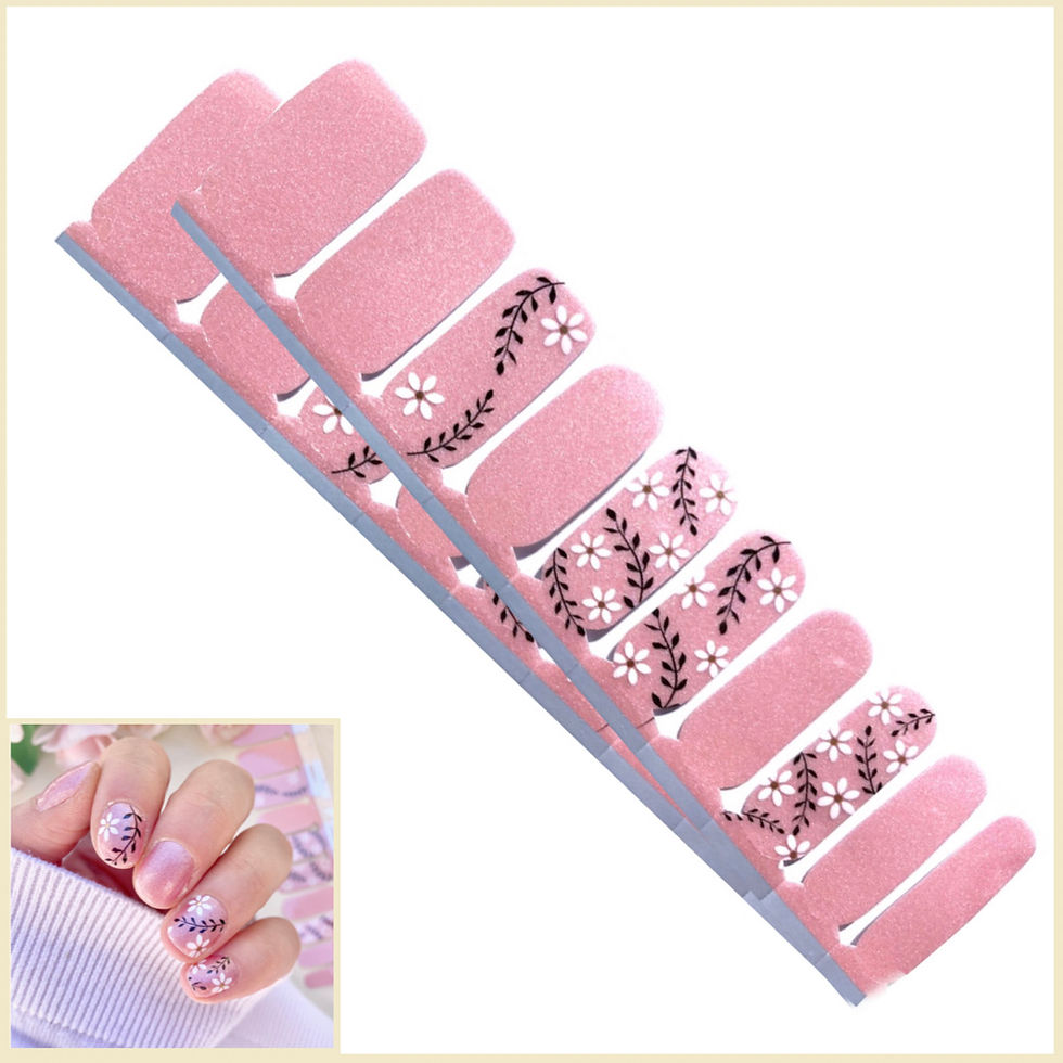Shimmering light pink nail wraps with black swirl and white daisy accent nails