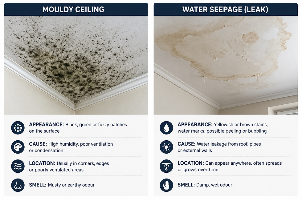 Split infographic of mouldy ceiling and water seepage leak, showing stains, causes, locations and smells.