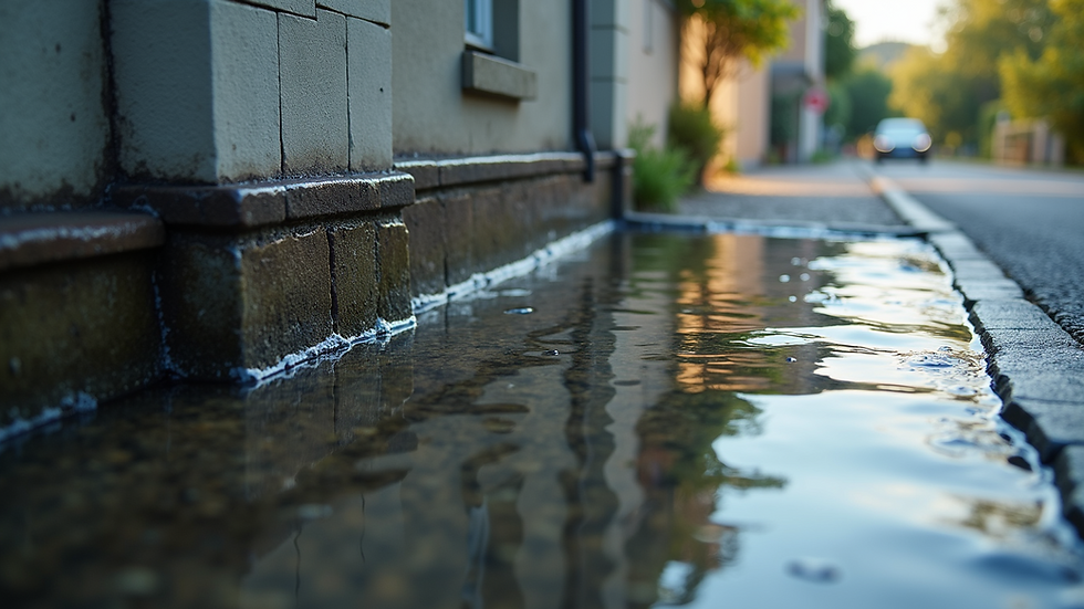 High angle view of water pooling near building foundation due to poor drainage