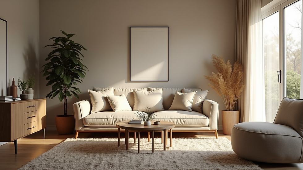 Eye-level view of a cozy living room with personalized decor