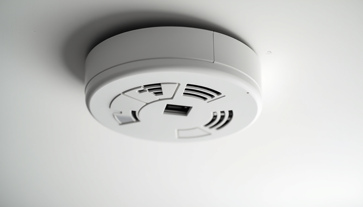 Close-up view of a 10 year battery smoke and CO detector mounted on a ceiling