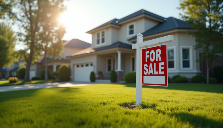 Eye-level view of a suburban house with a "For Sale" sign in the front yard