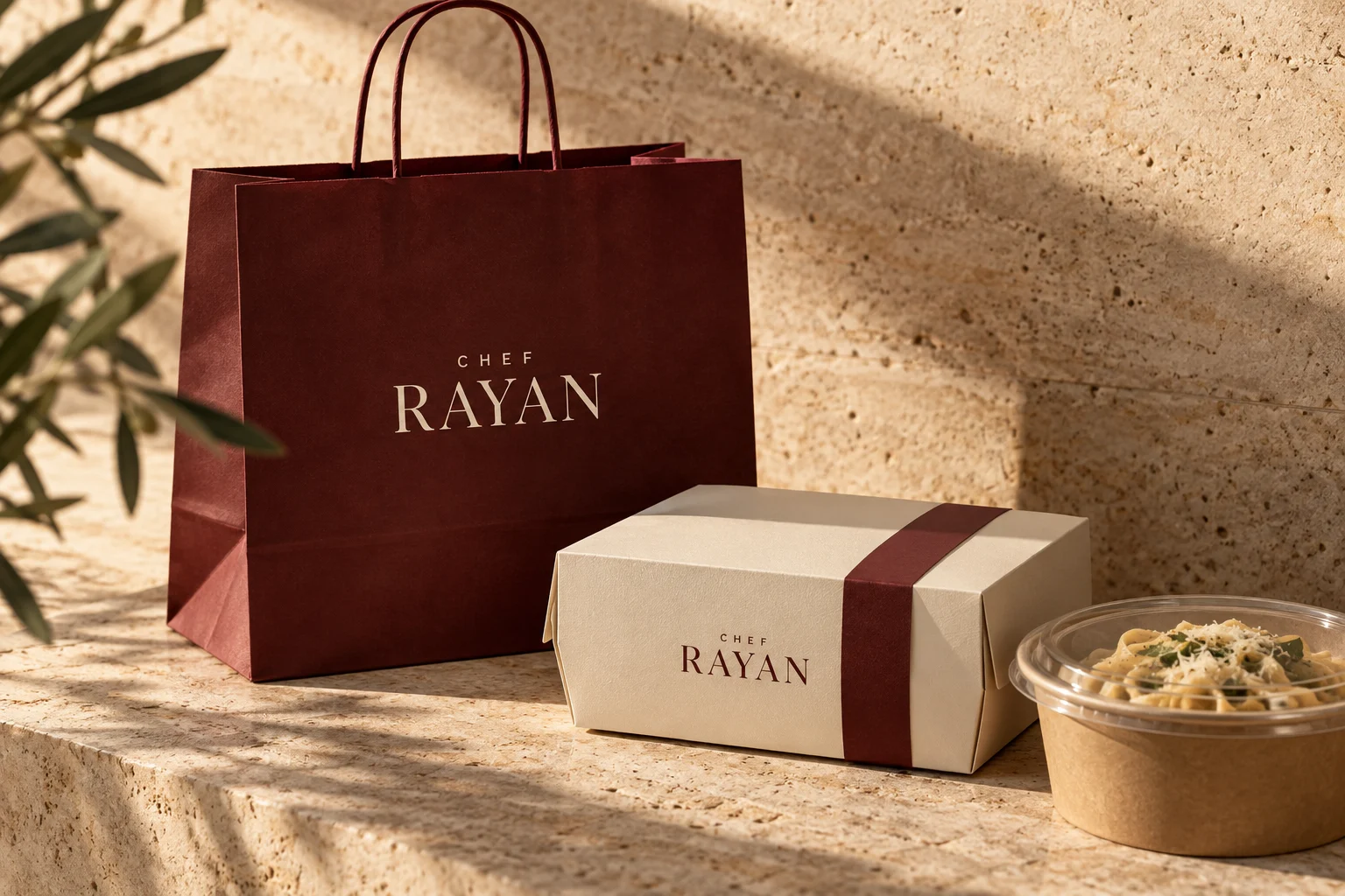 Proposed Chef Rayan burgundy and ivory takeaway packaging concept