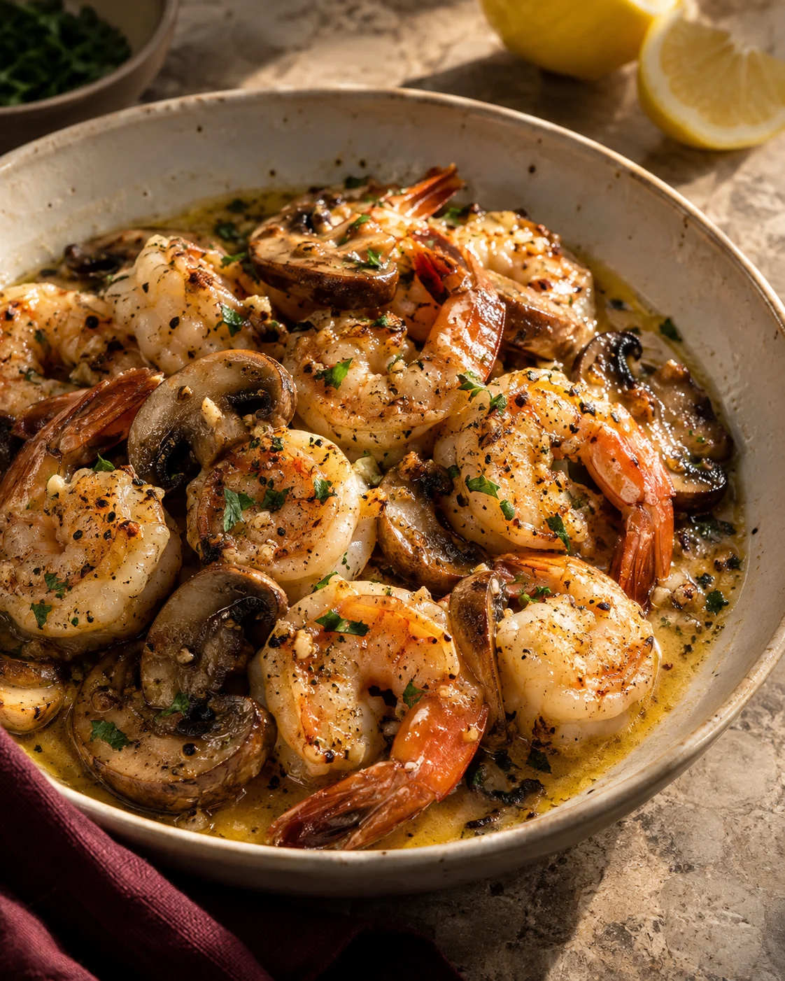 Illustrative garlic and lemon shrimp photography
