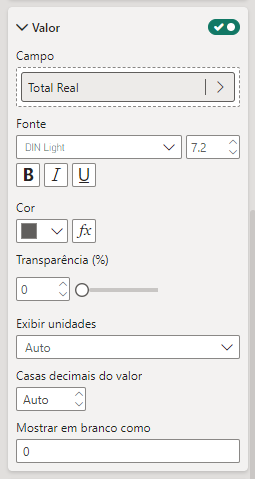 Imagem que mostra as opções de edição para valor do rótulo de dados do Power BI Desktop