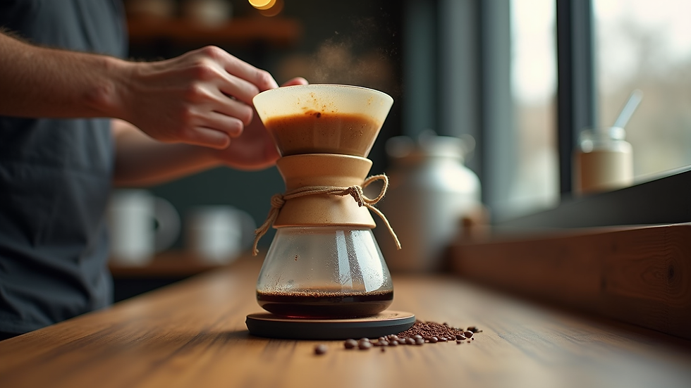 Eye-level view of a pour-over coffee setup with freshly ground Harrar coffee