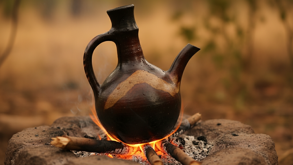 Close-up view of traditional Ethiopian jebena pot on a fire