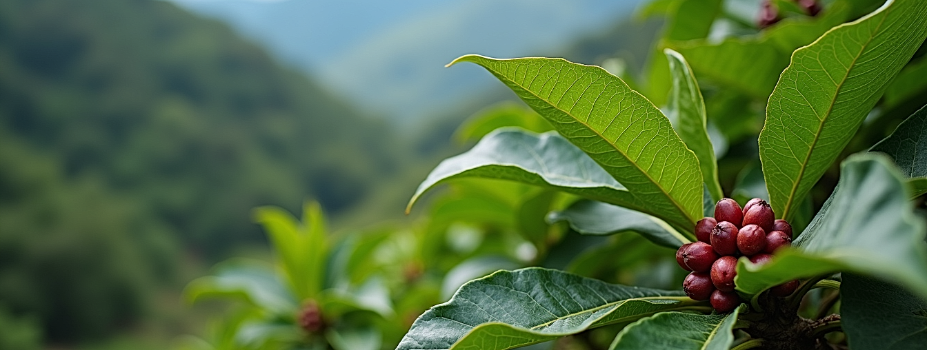 coffee plantation with an image of a coffee tree with ripe coffee cherries