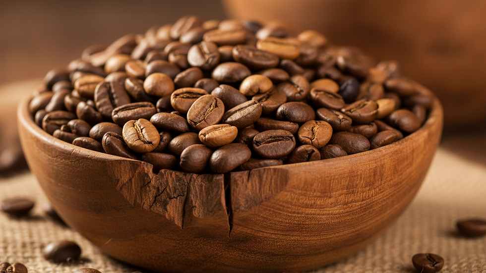 Close-up view of roasted Ethiopian coffee beans in a wooden bowl