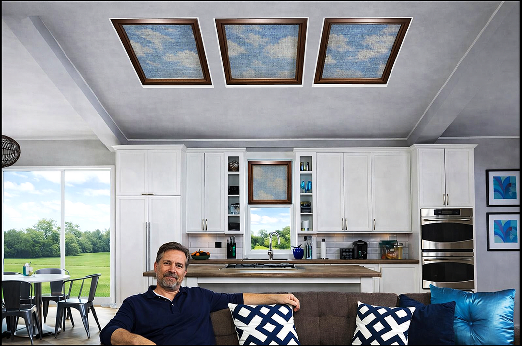 SHAADS® walnut interior frame with mudslide 3% transparent fabric, filtering sunlight in a kitchen for a glare-free, designer look.