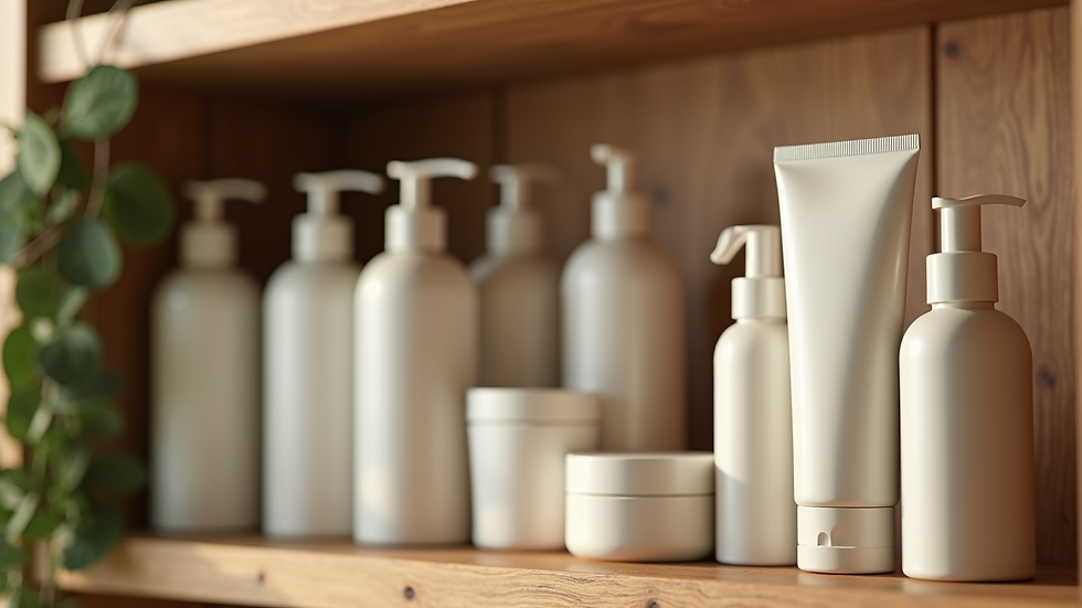 Eye-level view of natural hair care products on a wooden shelf
