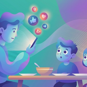 Parent distracted on the phone while children stare