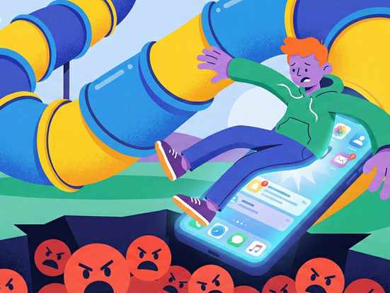 A playground slide with teen sliding into cyberbullying emojis