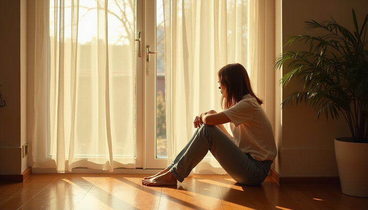 Eye-level view of a person sitting quietly in a sunlit room, reflecting