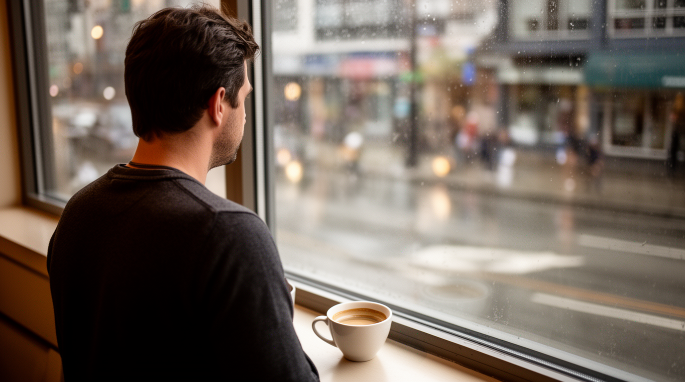 Man looking out a window at a rainy Vancouver street