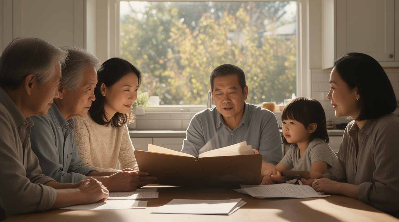 Family reviewing H&C application documents together at a kitchen table in Vancouver